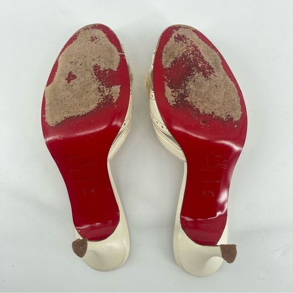 Christian Louboutin Fringe Peep Toe Mule Sandals Cream Leather EU 37.5 Heels - Picture 5 of 16
